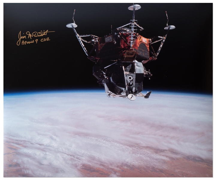 James McDivitt Signed 20'' x 16'' Photo From the Apollo 9 Mission, Showing the Lunar Module in Earth's Orbit
