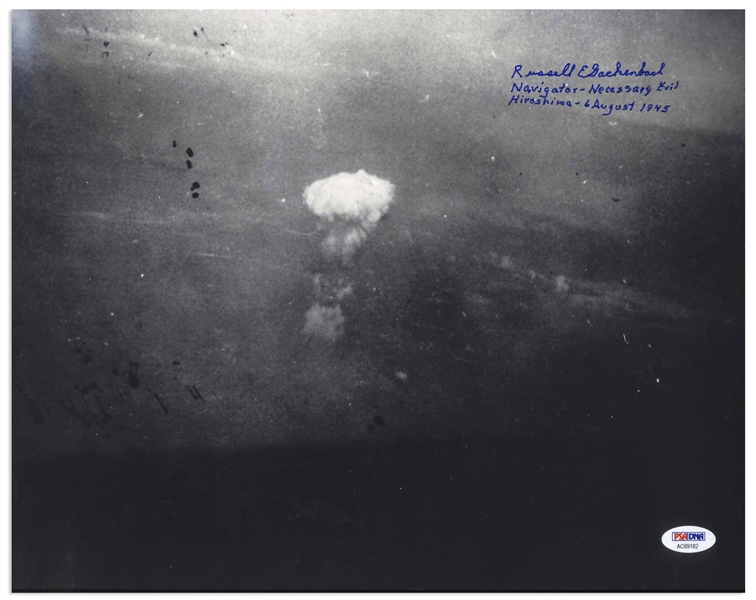 Russell Gackenbach Signed 14'' x 11'' Photo of the Hiroshima Bombing -- Gackenbach Was Navigator of the Photographic Plan ''Necessary Evil'', and Took This Famous Hiroshima Photo -- With PSA/DNA COA