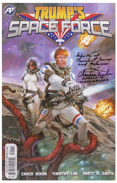 Apollo Astronauts Charlie Duke and Frank Borman Signed Copy of ''Trump's Space Force'' -- Duke Writes ''Sign me up, President Trump and Melania''