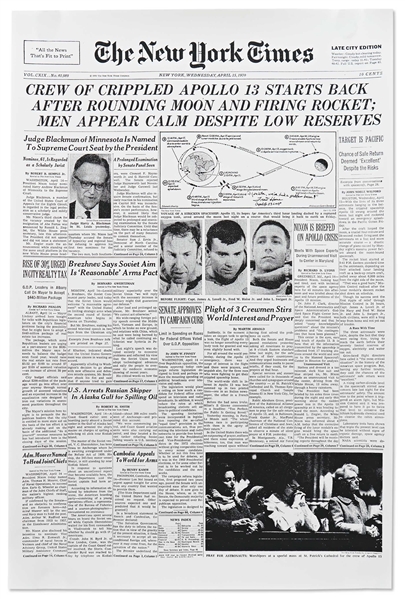 Fred Haise Signed ''New York Times'' Poster From 15 April 1970, Reporting on the Perilous Apollo 13 Mission -- Haise Also Writes, '''Houston, we've had a problem here!'''