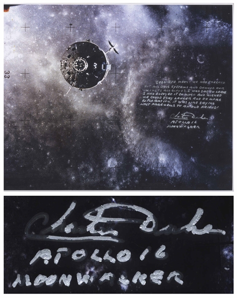 Charlie Duke Signed 16'' x 20 Photo of the LM After Leaving the Moon -- ''Good-Bye Moon!''