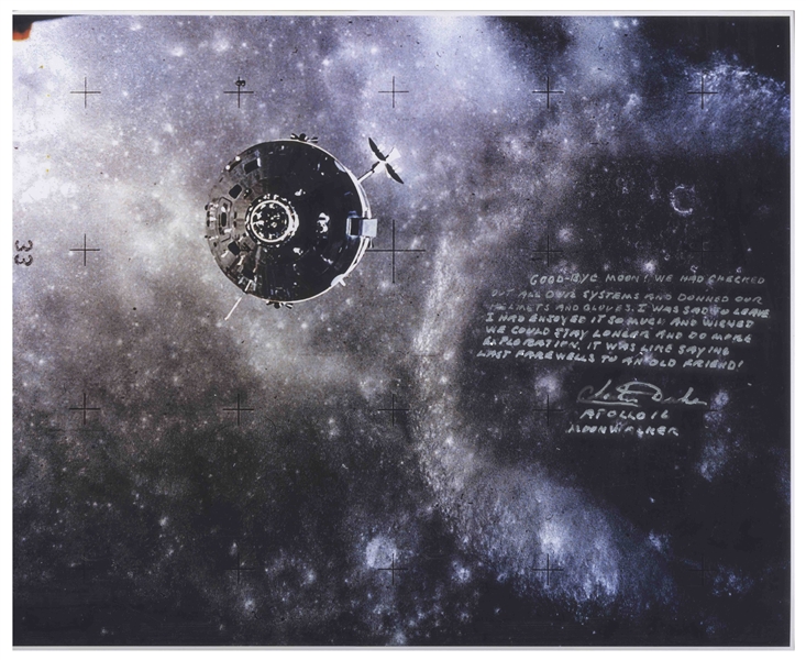 Charlie Duke Signed 16'' x 20 Photo of the LM After Leaving the Moon -- ''Good-Bye Moon!''