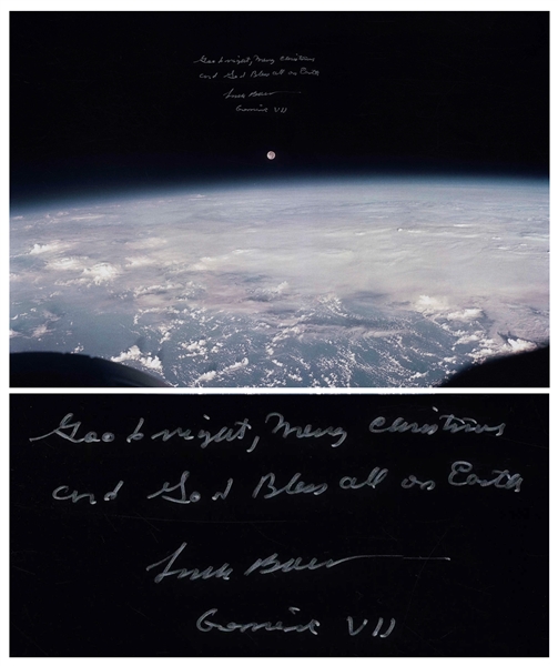 Frank Borman Signed 16'' x 20'' Photo of the Moon Rise from Gemini 7, With His Famous Christmas Message Penned: ''Good night, Merry Christmas and God Bless all on Earth / Frank Borman / Gemini VII''