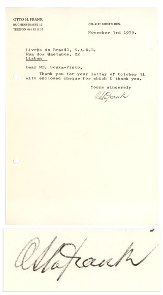 Otto Frank Letter Signed Regarding Publication of His Daughter Anne Frank's Diary -- With PSA/DNA COA