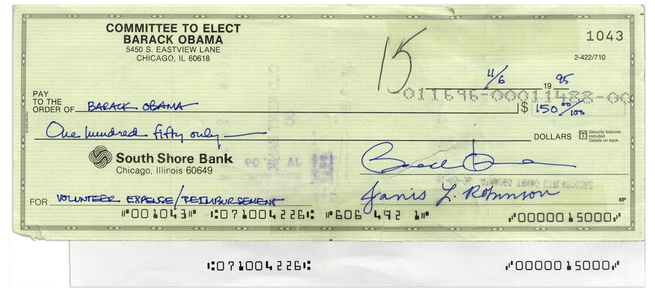 Scarce Holograph Check Signed Three Times by Barack Obama -- Paid to Himself in 1995 for ''Volunteer Expense/Reimbursement''