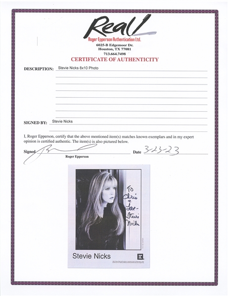 Stevie Nicks Signed 8'' x 10'' Photo -- With Epperson COA