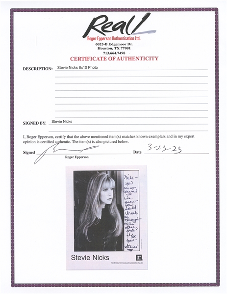 Stevie Nicks Signed 8'' x 10'' Photo, with Nicks Penning Part of the Lyrics to The Doors' ''Break On Through (To the Other Side)'' -- With Epperson COA