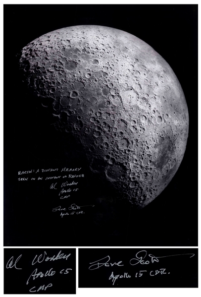 Al Worden & Dave Scott Signed 16'' x 20'' Photo of the Moon -- Worden Additionally Writes His Famous Quote About Seeing Earth From the Moon