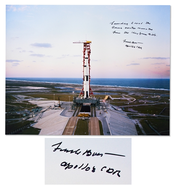 Frank Borman Signed 20 x 16 Photo of the Apollo 8 Launch -- Launching to read the Genesis creation narrative from the King James Bible...