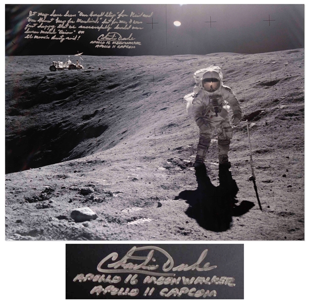 Charlie Duke Signed 20'' x 16'' Lunar Photo -- ''It may have been 'one small step' for Neil...I was just happy that we successfully landed our lunar module 'Orion'...''