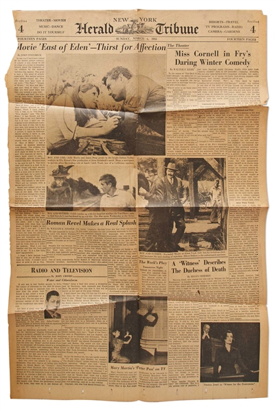 Jane Deacy's Copy of the ''New York Herald Tribune'' with a Glowing Review by John Steinbeck of ''East of Eden''