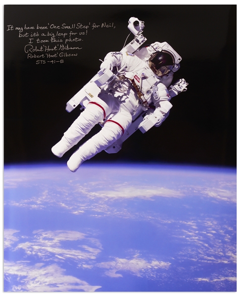 Astronaut Robert ''Hoot'' Gibson Signed 16'' x 20'' Photo of the First Untethered Spacewalk During STS-41-B