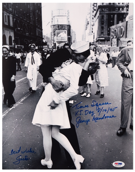 Photo of the Iconic Times Square Kiss by Alfred Eisenstaedt, Celebrating the End of World War II -- Signed by the Couple Greta Zimmer & George Mendonsa -- Photo Measures 11'' x 14'', With PSA/DNA COA