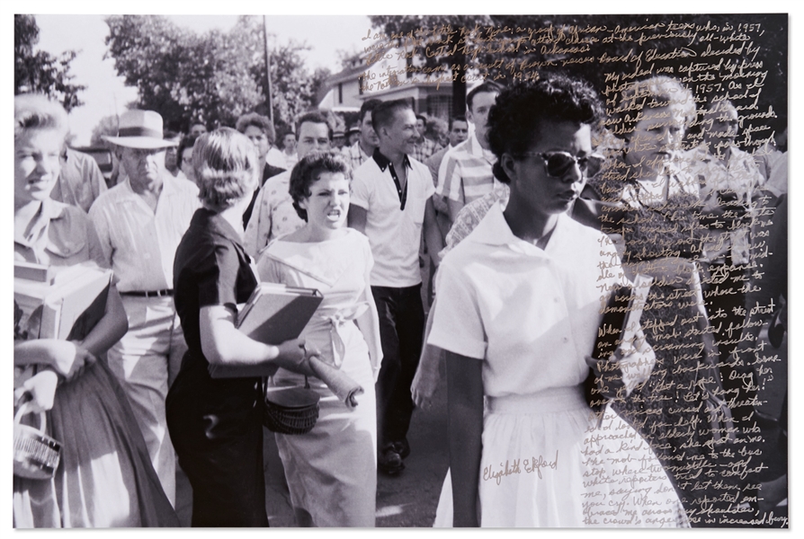 Elizabeth Eckford Handwritten Signed 20'' x 13.375'' Photo Essay From Her First Day of School as Part of the ''Little Rock Nine'' -- ''...Someone yelled 'Get a rope. Drag her over to the tree!'...''