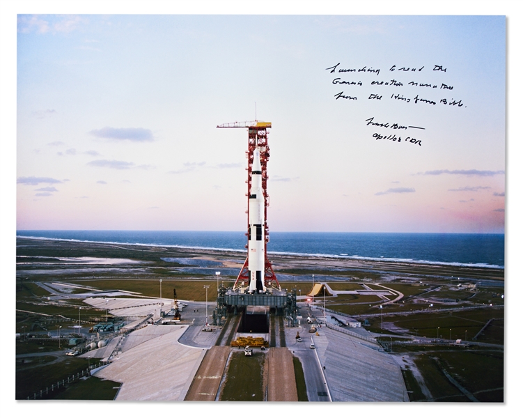 Frank Borman Signed 20'' x 16'' Photo of the Apollo 8 Launch -- ''Launching to read the Genesis creation narrative from the King James Bible...''