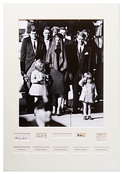 Kennedy Family Signed Display, Matted with the Iconic Mourning Photo of John F. Kennedy, Jr. Saluting His Father's Coffin -- With University Archives & PSA/DNA COAs