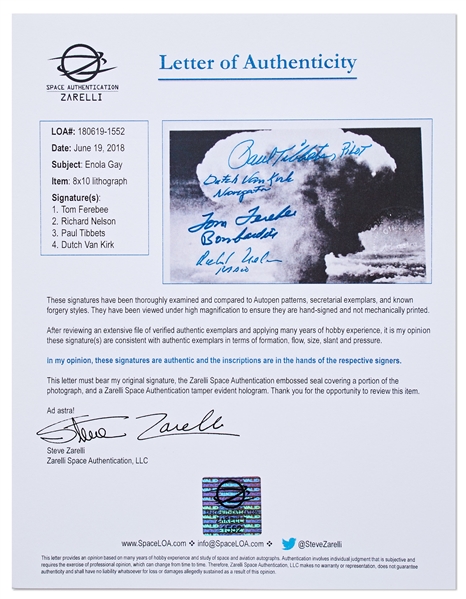 Enola Gay Crew-Signed Photo by Four Depicting the Atomic Bomb Blast -- With Steve Zarelli COA