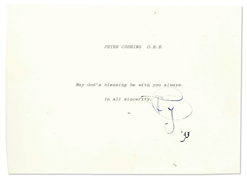 Peter Cushing Note Signed -- Cushing Starred as Villain Grand Moff Tarkin in ''Star Wars'' -- With PSA/DNA COA