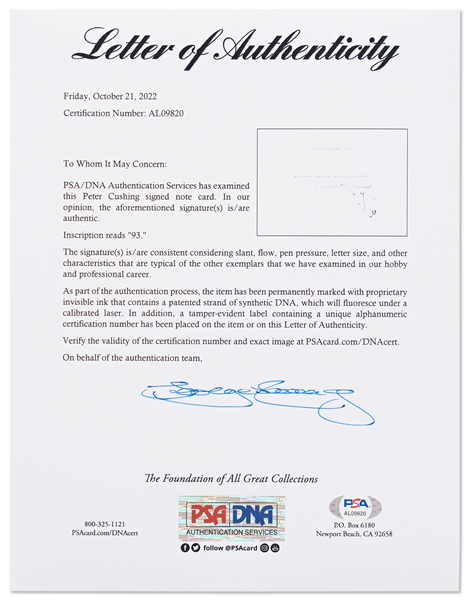 Peter Cushing Note Signed -- Cushing Starred as Villain Grand Moff Tarkin in ''Star Wars'' -- With PSA/DNA COA