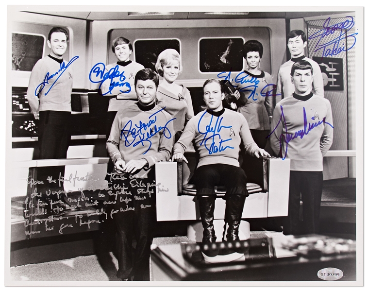 Star Trek Cast-Signed 14'' x 11'' Photo -- With William Shatner Additionally Handwriting the Famous Opening Sequence