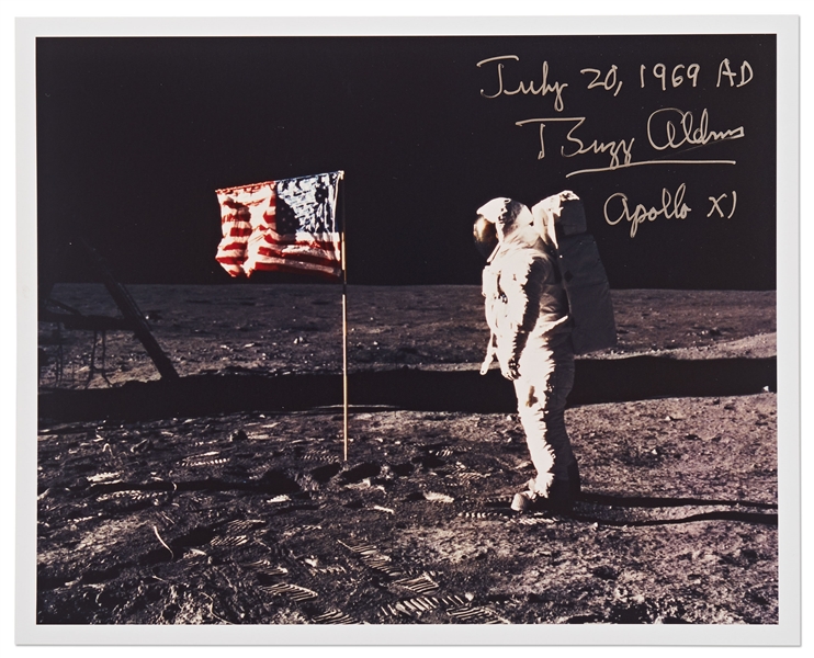 Buzz Aldrin Signed 10'' x 8'' Apollo 11 Photo With Aldrin Writing ''July 20, 1969 AD'' Photo -- Aldrin Stands Next to the U.S. Flag on the Moon