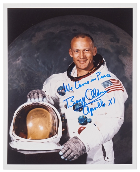 Buzz Aldrin Signed ''We Came in Peace'' 8'' x 10'' NASA <br>White Spacesuit Photo