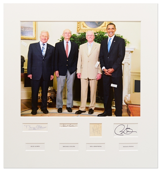 Apollo 11 Crew Signatures, Matted Together with the Signature of Barack Obama -- With Zarelli & PSA/DNA COAs