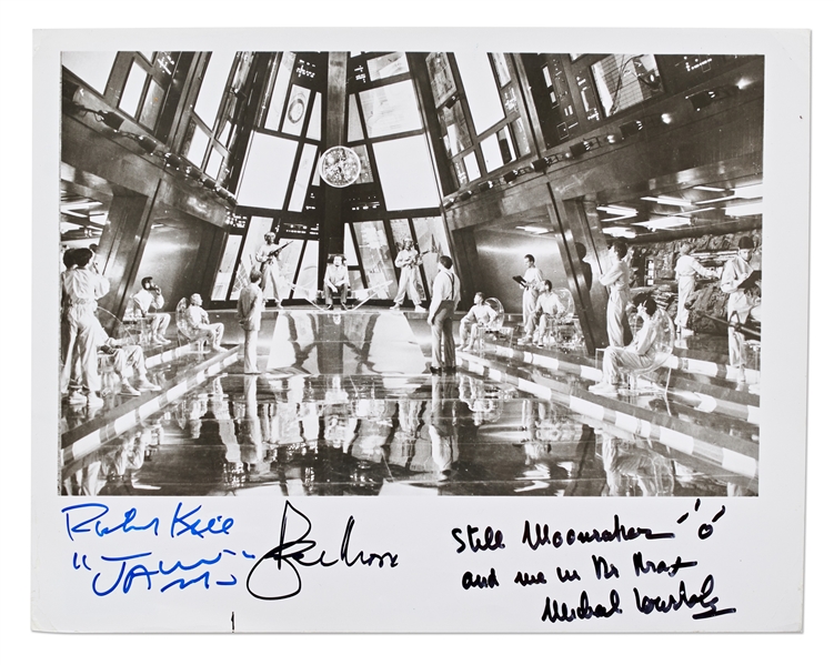 Moonraker 8'' x 10'' Photo Signed by Roger Moore, Richard ''Jaws'' Kiel, and Michael ''Drax'' Lonsdale