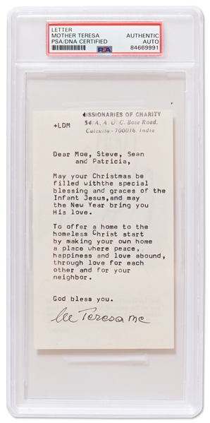 Mother Teresa Letter Signed With a Christmas Greeting -- With PSA/DNA Encapsulation