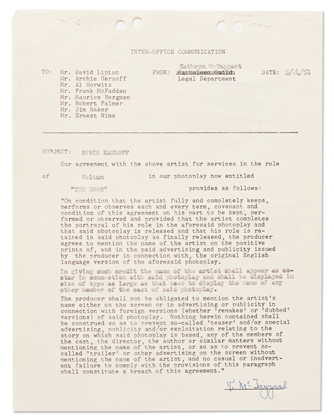 Boris Karloff Contract Signed for ''The Strange Door'' -- With PSA/DNA COA