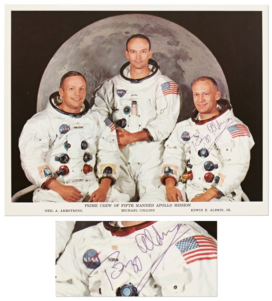 Buzz Aldrin Signed 10'' x 8'' Photo of the Apollo 11 Astronauts in Their White Spacesuits -- With Zarelli COA