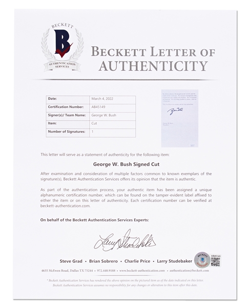 George W. Bush Signed Speech Delivered on 19 March 2003, Announcing the Commencement of Operation Iraqi Freedom -- With Beckett and JSA Authentication