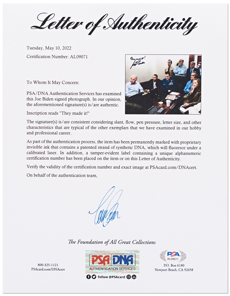 Joe Biden Signed ''Situation Room'' 14'' x 11'' Photo During the Raid on Osama bin Laden's Compound -- With PSA/DNA COA