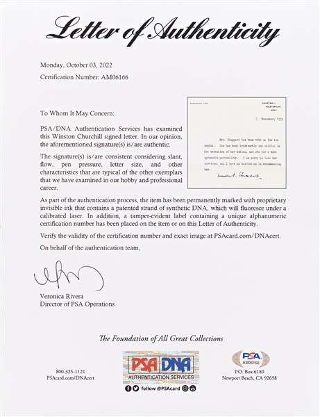 Winston Churchill Signed Letter of Recommendation -- With PSA/DNA COA