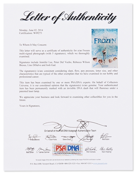 ''Frozen'' Cast-Signed 11'' x 17'' Poster Photo -- Signed by Director Jennifer Lee, Animators Rebecca Bresee and Lino DiSalvo, Actor Josh Gad & Producer Peter Del Vecho -- With PSA/DNA COA