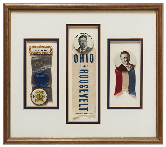 Theodore Roosevelt Campaign Memorabilia -- Includes New York Delegate Badge for 1912 Republican Convention & ''Ohio for Roosevelt'' Campaign Ribbon