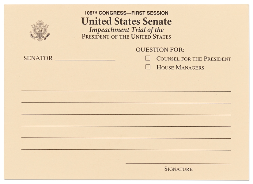 Bill Clinton Senate Impeachment Trial Question Card from January 1999