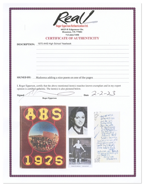Madonna Signed High School Yearbook -- With a Racy Handwritten Limerick to One of Her Friends -- With Epperson COA
