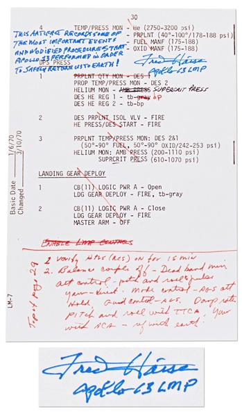 Fred Haise Signed Apollo 13 Mid-Course Correction Burn Notes -- With Additional Writing by Haise on the Significance of the Notes