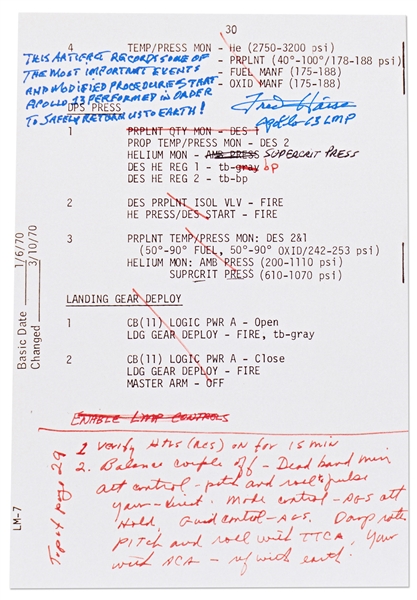 Fred Haise Signed Apollo 13 Mid-Course Correction Burn Notes -- With Additional Writing by Haise on the Significance of the Notes