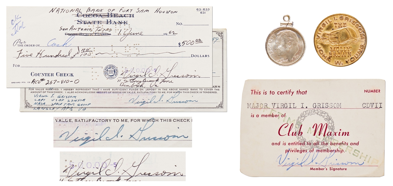 Gus Grissom Personally Owned Lot of Items, Including Signed Checks, Flown Dime and Flown Medallion -- With Grissom Family LOAs
