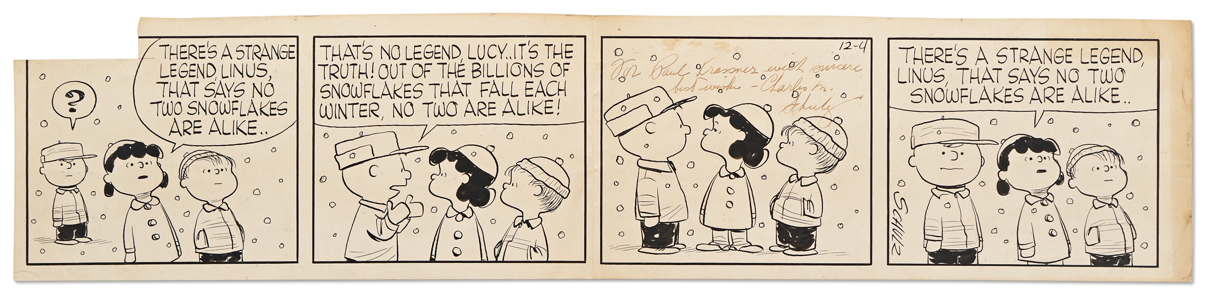 Early 1956 ''Peanuts'' Comic Strip Hand-Drawn by Charles Schulz