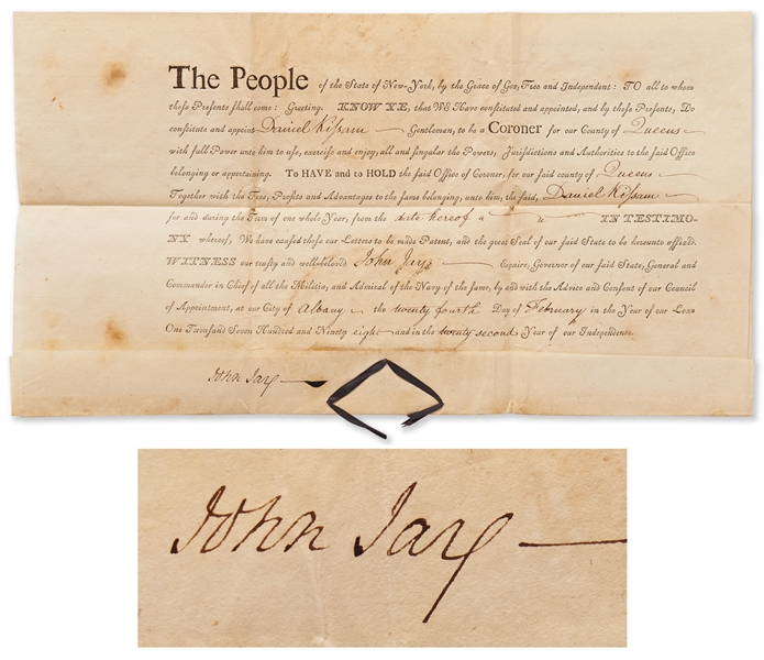 John Jay Document Signed as Governor of New York -- Jay Appoints a Coroner