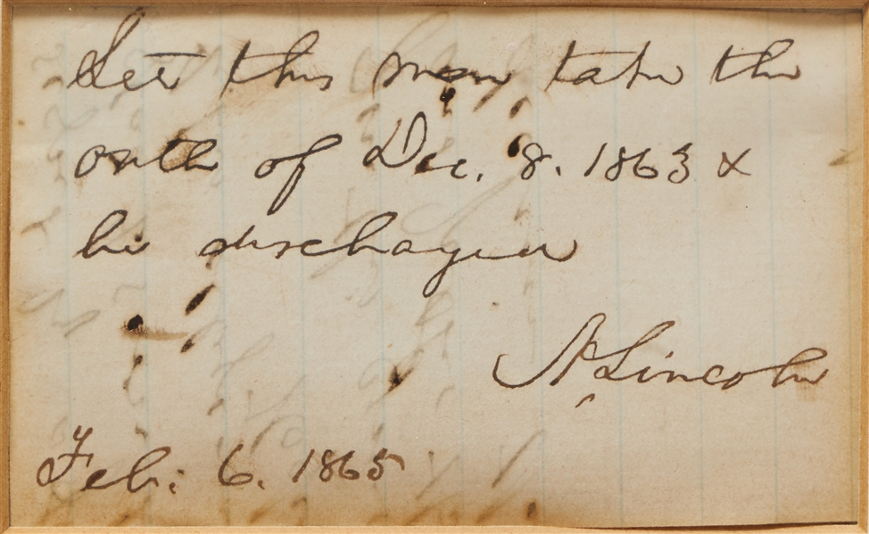 Abraham Lincoln Autograph Endorsement Signed as President -- Lincoln Issues Amnesty to Confederate Soldier
