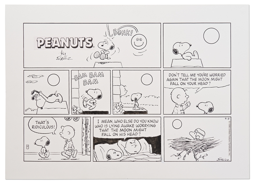 Original Charles Schulz Hand-Drawn Sunday ''Peanuts'' Comic Strip -- Starring Snoopy, Charlie Brown & Woodstock