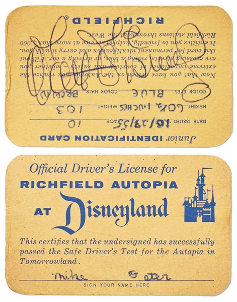 Walt Disney Signed Disneyland ''Driver's License'' for the Richfield Autopia -- From 1955, the Year that Disneyland Opened -- With Phil Sears COA