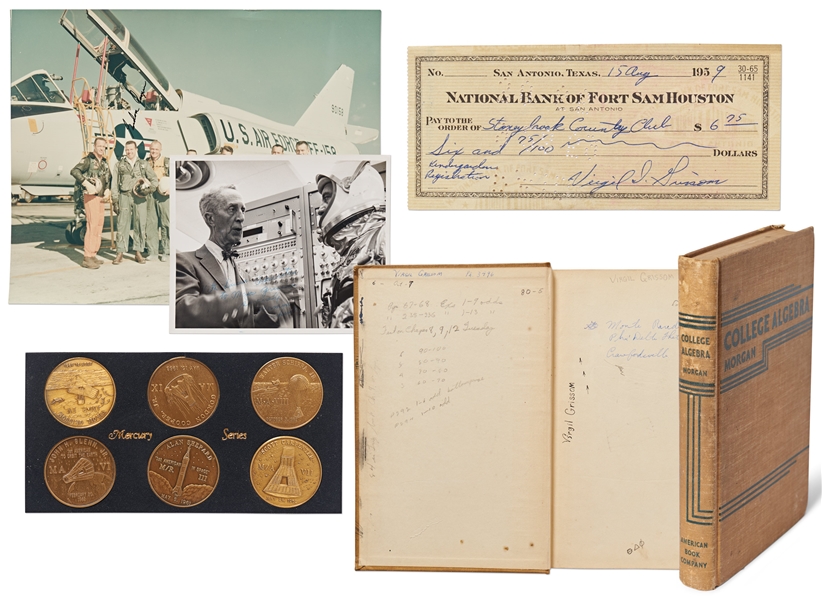 Gus Grissom Lot of Personally Owned Items -- Includes Grissom's Signed College Algebra Textbook, Handwritten Check Signed, Norman Rockwell Photo Inscribed to Grissom & More