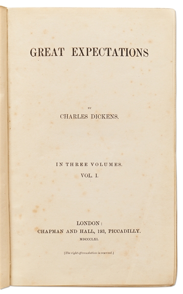 Great Expectations by Charles Dickens in Three Volumes, Published 1861 -- Scarce First Edition, First Impression for Vols. I and III, Third Impression for Vol. II