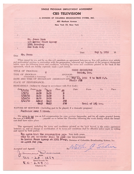 James Dean Signed Contract from 1952 for a Television Role -- Dean Also Handwrites His Social Security & Telephone Numbers