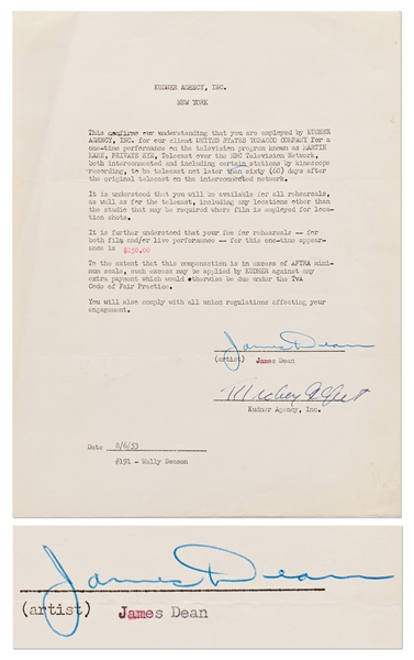 James Dean Signed Contract for ''Martin Kane, Private Eye'', the TV Show Where He Was Fired for Not Taking Direction